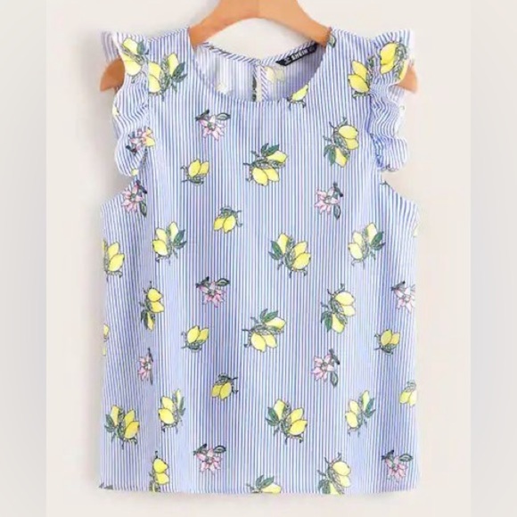 Ruffle Armhole Striped & Fruit Print Top NWOT - Picture 1 of 4